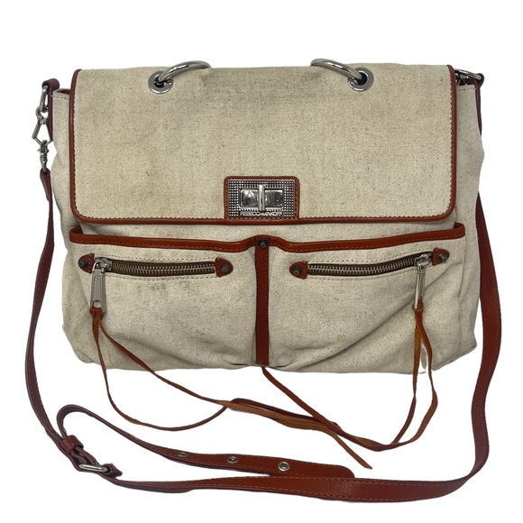 Rebecca Minkoff Handbags - Rebecca Minkoff Canvas Beige Tan Leather Shoulder Turn Lock Bag